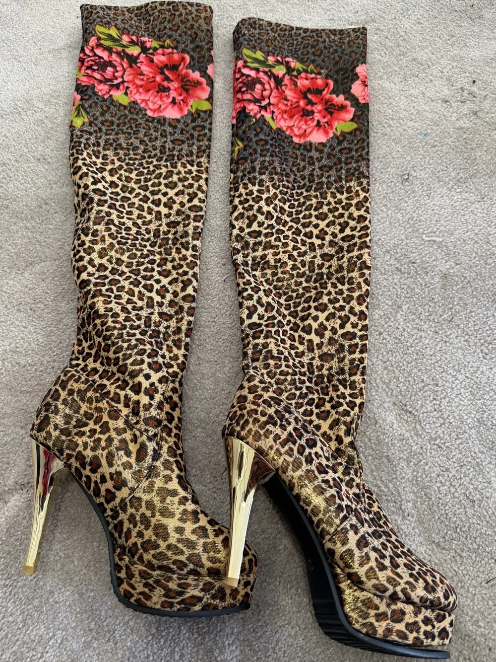 Cheetah Over-the-Knee Boots with Pink Floral Trim and Gold Heels